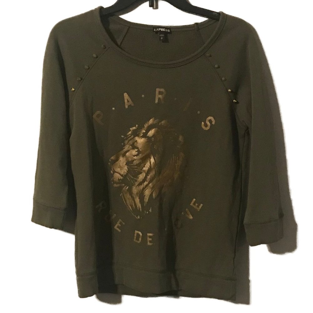 Express 3/4 Sleeve Green and Gold Lion Paris Sweater